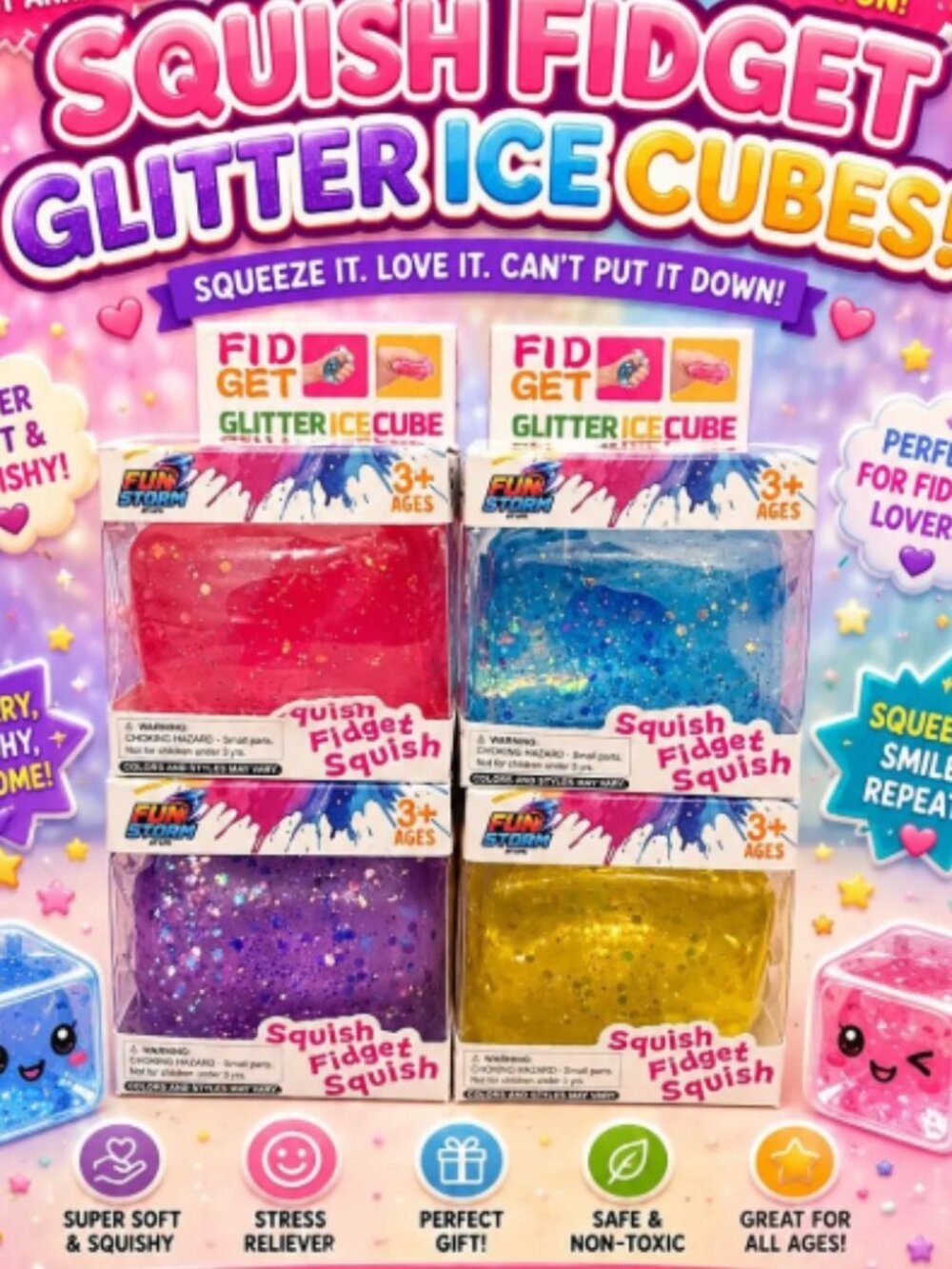 Glitter Ice Cube Squishy Fidget Stress Toy